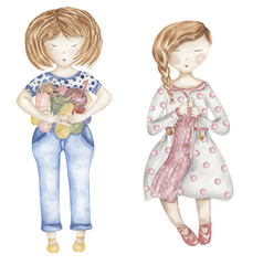 Hand-drawn watercolor knitting woman  illustration set. Yarn balls clipart, crafts and Hobbies  clip arts, graphic needles 