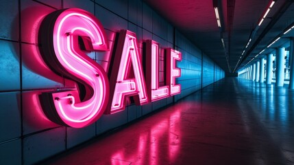 Fototapeta premium Huge neon sign Sale. Glowing sale light advertising in an empty room. Theme of discount and commerce