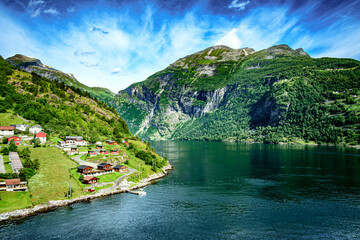 Geiranger Landscape - view along the shoreline of Geiranger Fjord, Norway.