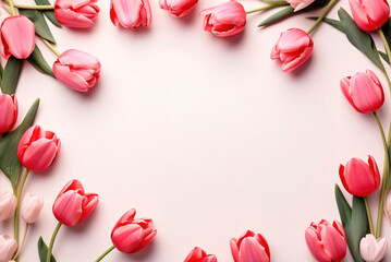 Spring morning concept. Flat lay of flowers tulip over light pink background, top view with space for your text