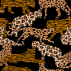 Abstract seamless pattern with tigers, leopards, and cheetahs.