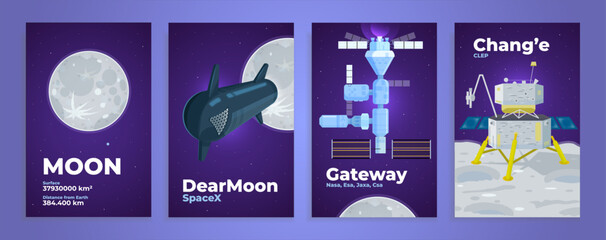 Set of space missions to the moon. Vector illustration, concept art for graphic poster and web design, social media banner, marketing material, studio material. © Mashiu