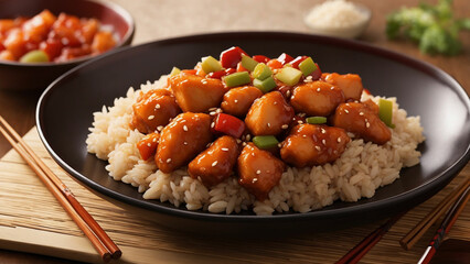 image that captures the fusion of flavors in sweet and sour chicken with brown rice.