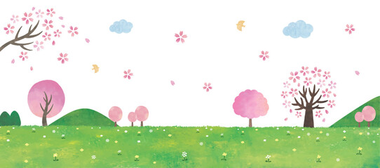 桜と野原の景色水彩画