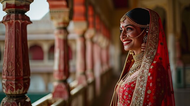 Elegant Woman Red Attire Admiring Ornate Architecture of a Historic Building