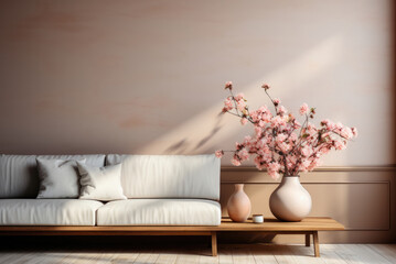 Minimalist living room design with light sofa and bouquet of flowers