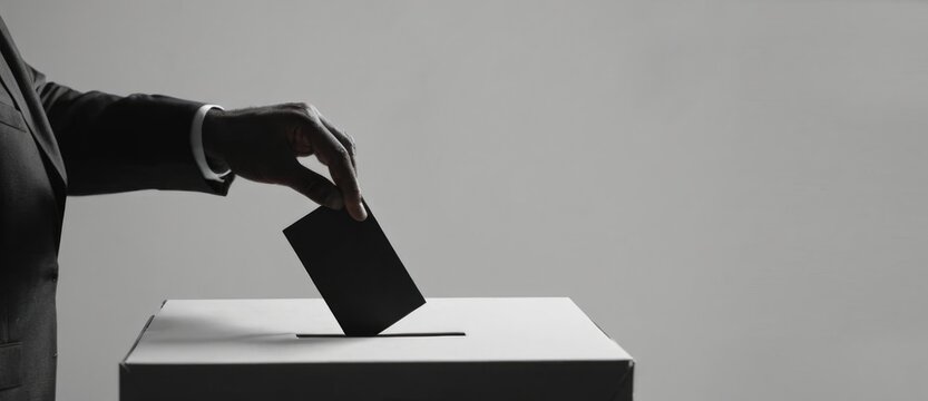 A hand drops a black ballot into the ballot box.