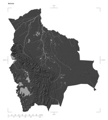 Bolivia shape isolated on white. Bilevel elevation map