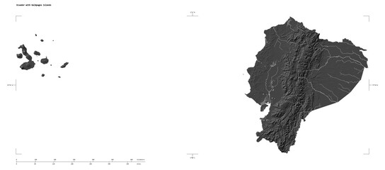 Ecuador with Galápagos Islands shape isolated on white. Bilevel elevation map