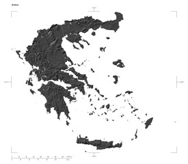 Greece shape isolated on white. Bilevel elevation map