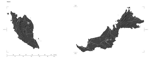 Malaysia shape isolated on white. Bilevel elevation map