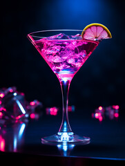 Alcohol cocktail with ice cubes, sugar rim, neon pink, blue light on bar. Night club, party, cocktail menu concept.