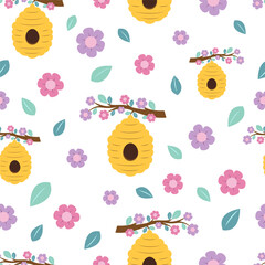 seamless pattern with beehive on branch, flower elements, flat vector illustration for print, product, fabric design