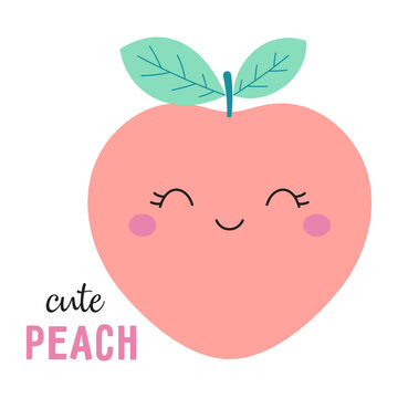cartoon illustration with cute peach character, fruit with lettering isolated on white background