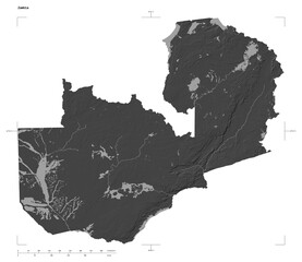 Zambia shape isolated on white. Bilevel elevation map