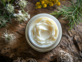 face care cream on a tree bark next to the flowers top view