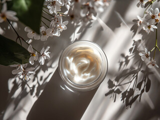 face care cream on the table next to the white flowers top view