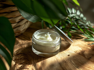 jar with care cream on a wooden table, green leaves in the background