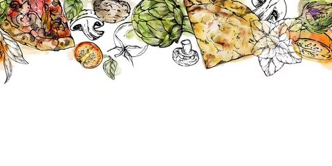 Foto op Plexiglas Hand drawn watercolor ink illustration. Pizza slices and toppings ingredients, Italian cuisine. Seamless border isolated on white. Design for restaurant, menu, cafe, food shop or package, flyer print. © Elena