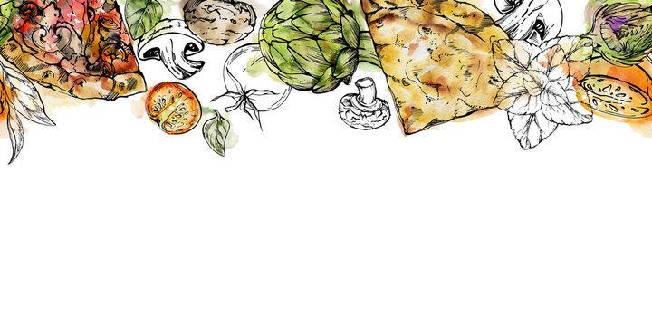 Hand drawn watercolor ink illustration. Pizza slices and toppings ingredients, Italian cuisine. Seamless border isolated on white. Design for restaurant, menu, cafe, food shop or package, flyer print.