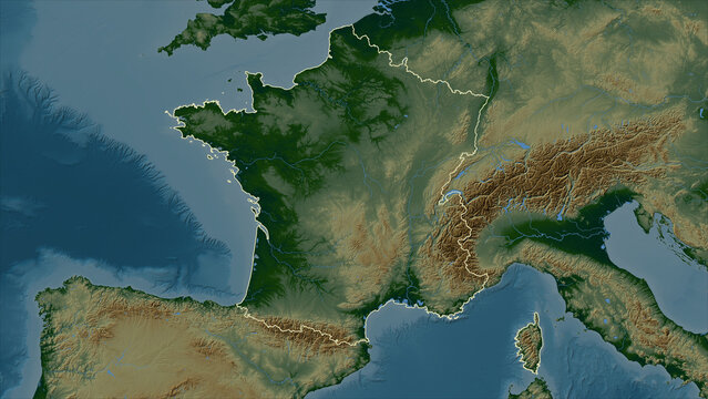 France outlined. Physical elevation map