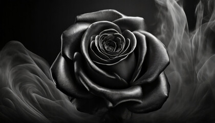 Portret czarnej, satynowej Róży na czarnym tle. Tapeta, dekoracja, abstrakcja. Generative AI