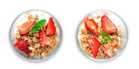 Tasty Strawberry Dessert, Homemade Yogurt with Strawberries, Granola and Chia Seeds, Healthy Breakfast, Parfait on White Background