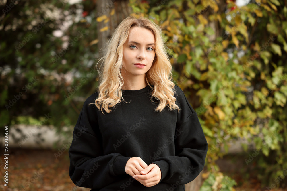 Canvas Prints Beautiful woman in stylish warm sweater outdoors