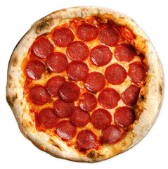 Pepperoni Pizza with Mozzarella Cheese, Salami, Tomato Sauce, Stone Baked Pizza on White Background