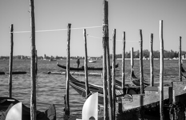 the gondolier on the Venice Lagoon in front of Piazza San Marco - obrazy, fototapety, plakaty