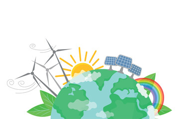 World Environment Day Vector Illustration. Ecology and Green Energy Concept. Clean Energy. Save The Planet. Wind Turbine Towers.  Wind Energy Converters. World Earth Illustration. Solar Energy Panels.