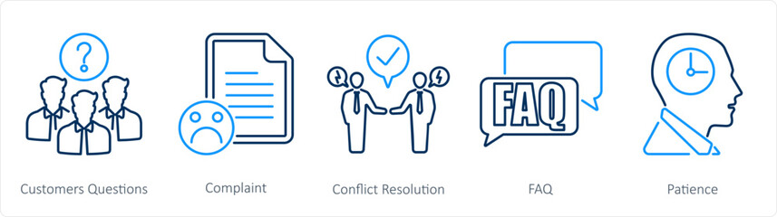 A set of 5 customer service icons as customer questions, complaint, conflict resolution