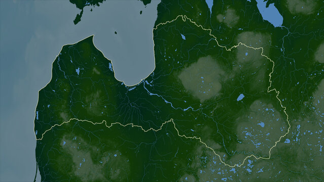Latvia outlined. Physical elevation map