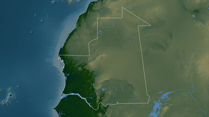 Mauritania outlined. Physical elevation map