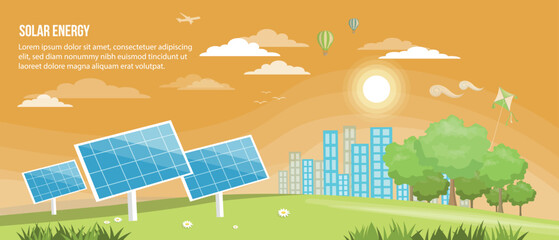 Solar Energy. Alternative energy and ecology concept vector banner design. Isolated design elements. Vector landscape with sun panels  design elements. Renewable energy and clean environment design