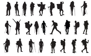 Silhouette of hiker. Collection of male and female hiker. mountaineer climber hiker people, vector silhouette collection - obrazy, fototapety, plakaty