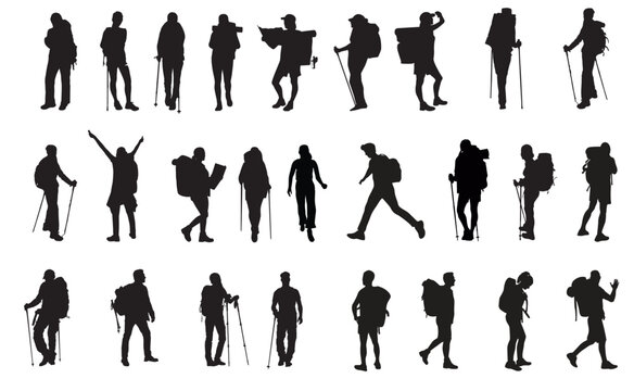 Silhouette of hiker. Collection of male and female hiker. mountaineer climber hiker people, vector silhouette collection