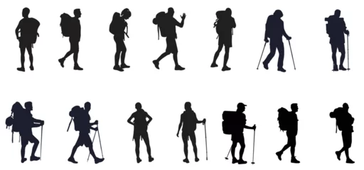 Fotobehang Silhouette of hiker. Collection of male and female hiker. mountaineer climber hiker people, vector silhouette collection © Unknown Artist