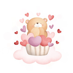 Watercolor Illustration Valentine Bear in Basket on Pink Cloud with Red Heart