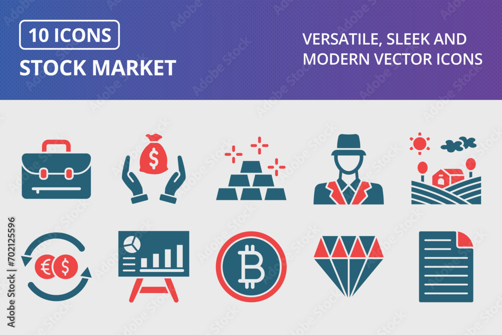 Sticker stock market glyph two color icons set