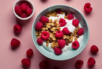Armonia Nutrizionale- Bowl con Yogurt Greco, Lamponi Freschi e Granola Croccante - obrazy, fototapety, plakaty