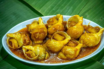 Steamed Spotted Babylon Blanching (Fresh Sea Babylonia Areolata Shell Boiled) served with passion fruit sauce goodtasty decorated with spices side view