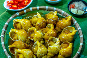 Steamed Spotted Babylon Blanching (Fresh Sea Babylonia Areolata Shell Boiled) served with passion fruit sauce goodtasty decorated with spices side view