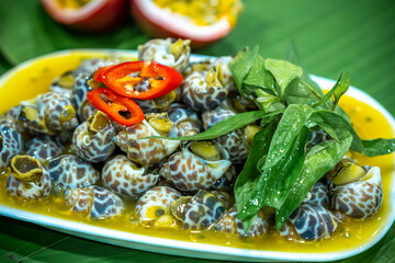 Steamed Spotted Babylon Blanching (Fresh Sea Babylonia Areolata Shell Boiled) served with passion...