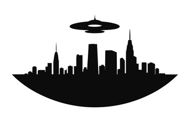 A UFO in City black Silhouette vector, Flying saucer City abduction Silhouette