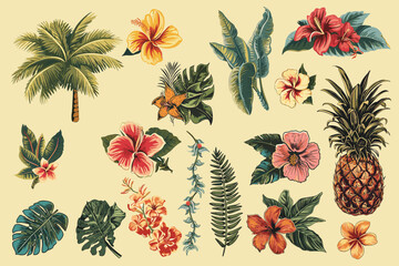 Set of tropical flowers and leaves - obrazy, fototapety, plakaty