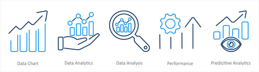 A set of 5 data analytics icons as data chart, data analytics, data analysis