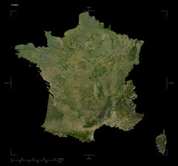 France shape isolated on black. Low-res satellite map