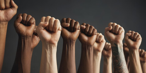 Multi ethnic people raised their fists in the air. A sign of unity, human rights and equality. - obrazy, fototapety, plakaty