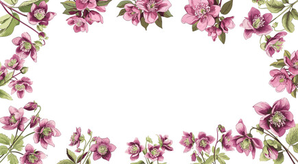Obraz na płótnie Canvas background of spring hellebore flowers. negative free space for text on transparent backdrop. border.